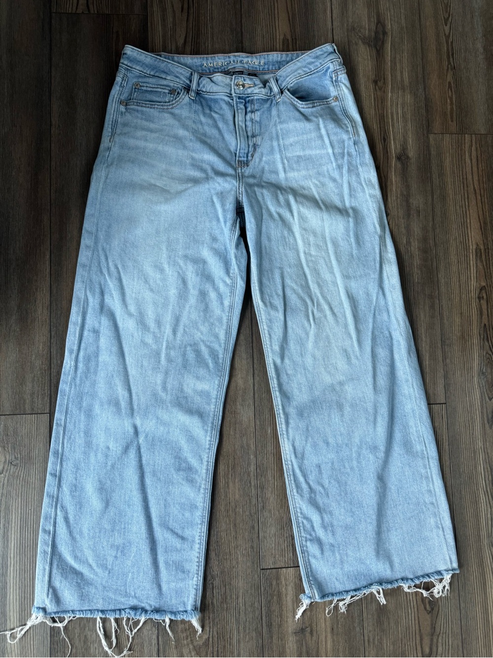American Eagle Outfitters Light Wash low rise baggy Wide-Leg Jeans with Raw Hem